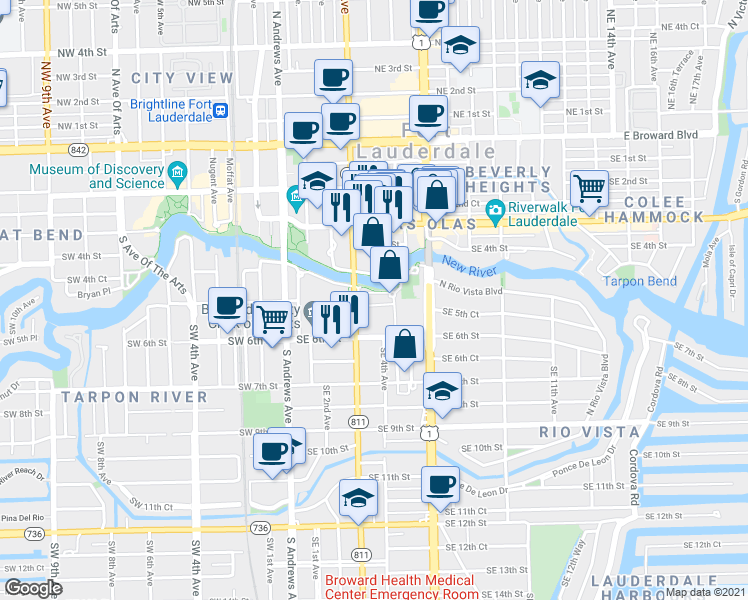 map of restaurants, bars, coffee shops, grocery stores, and more near 511 Southeast 5th Avenue in Fort Lauderdale
