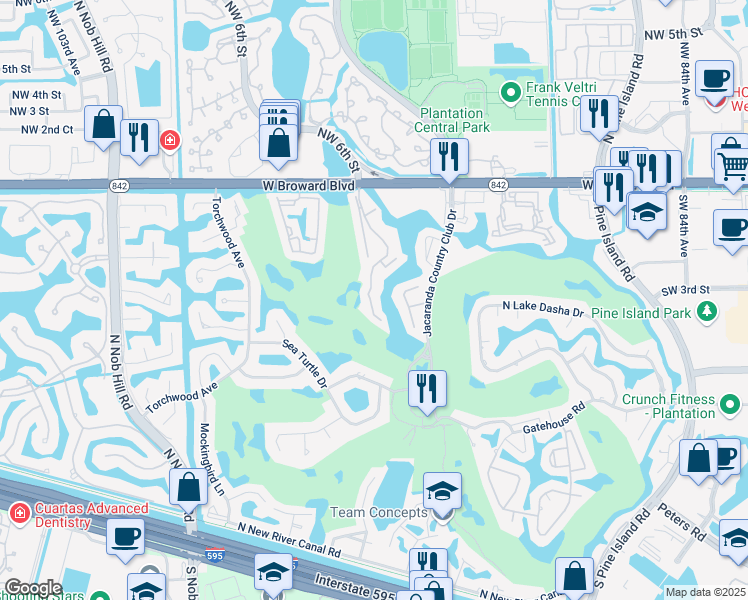 map of restaurants, bars, coffee shops, grocery stores, and more near 224 Wimbledon Lakes Drive in Plantation