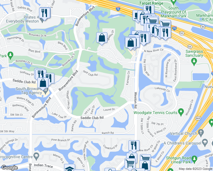 map of restaurants, bars, coffee shops, grocery stores, and more near 16200 Golf Club Road in Weston