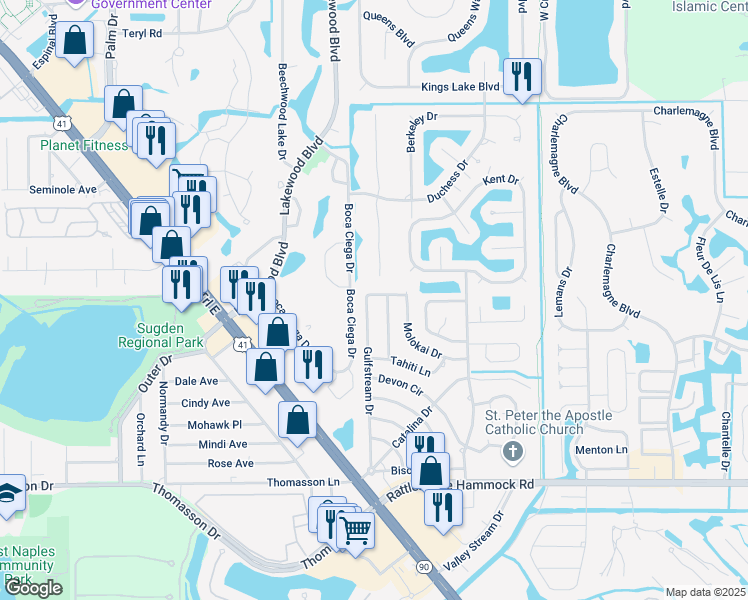 map of restaurants, bars, coffee shops, grocery stores, and more near 4821 Oahu Drive in Naples