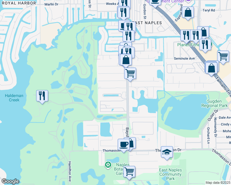 map of restaurants, bars, coffee shops, grocery stores, and more near 2700 Linda Drive in Naples