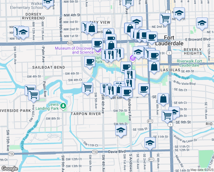 map of restaurants, bars, coffee shops, grocery stores, and more near 451 Southwest 3rd Avenue in Fort Lauderdale