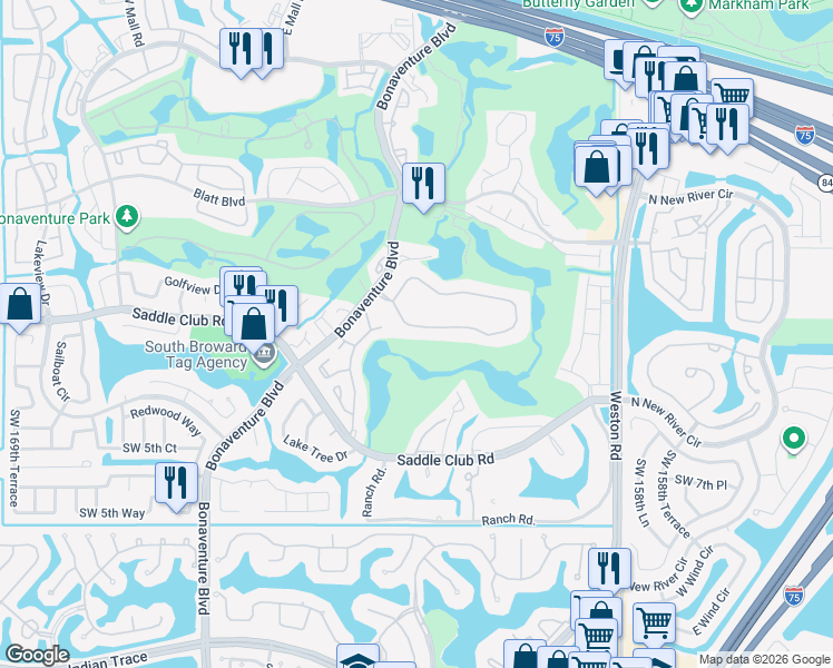 map of restaurants, bars, coffee shops, grocery stores, and more near 16400 Golf Club Road in Weston