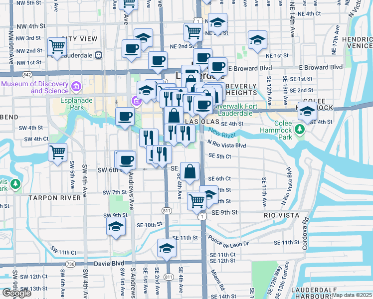 map of restaurants, bars, coffee shops, grocery stores, and more near 510 Southeast 5th Avenue in Fort Lauderdale