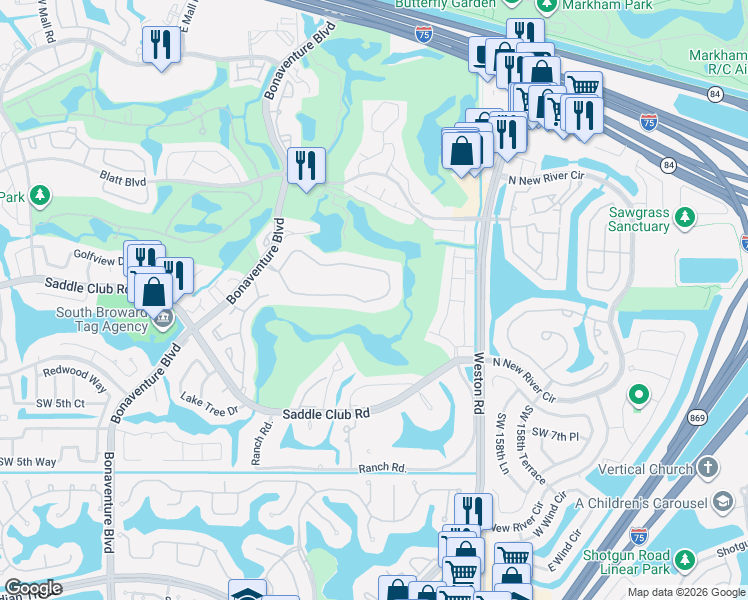 map of restaurants, bars, coffee shops, grocery stores, and more near 16200 Golf Club Road in Weston