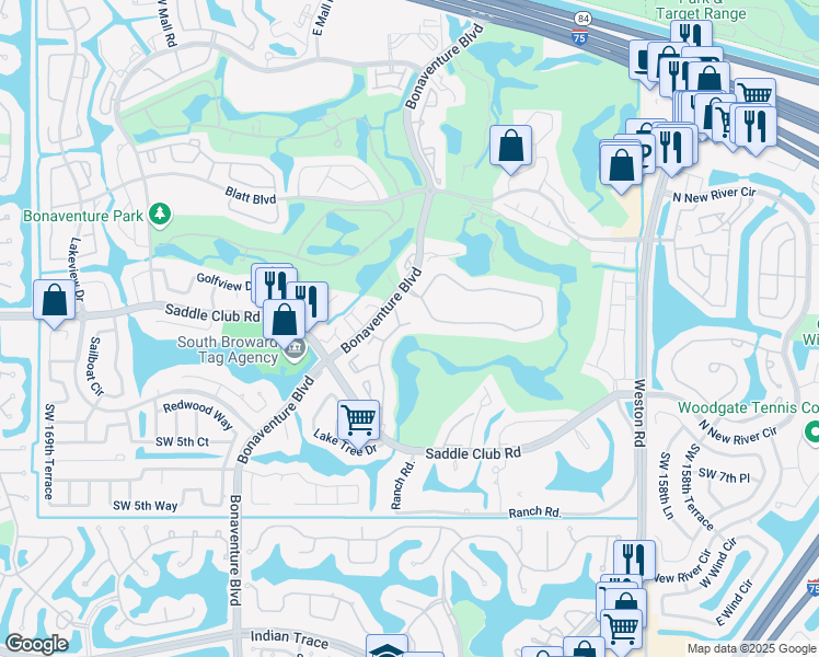 map of restaurants, bars, coffee shops, grocery stores, and more near 348 Patio Village Terrace in Weston