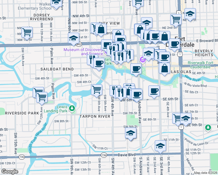 map of restaurants, bars, coffee shops, grocery stores, and more near 464 Southwest 5th Avenue in Fort Lauderdale