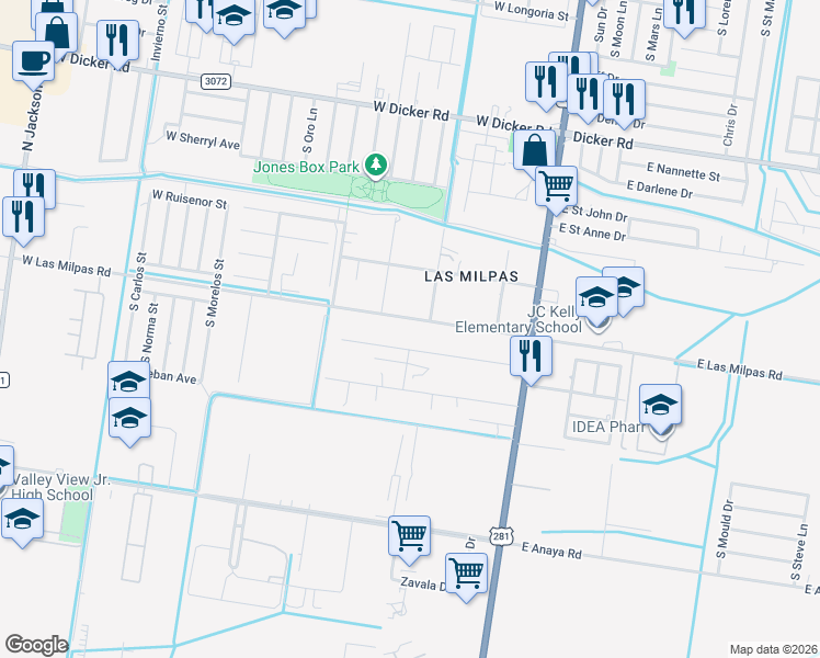 map of restaurants, bars, coffee shops, grocery stores, and more near 309 West Las Milpas Road in Pharr