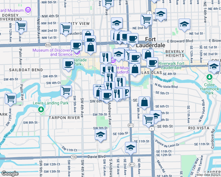 map of restaurants, bars, coffee shops, grocery stores, and more near 440 South Andrews Avenue in Fort Lauderdale
