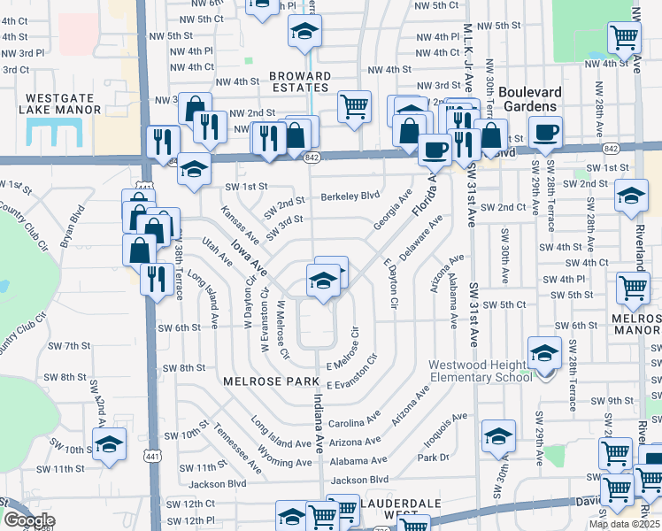 map of restaurants, bars, coffee shops, grocery stores, and more near 413 East Evanston Circle in Fort Lauderdale