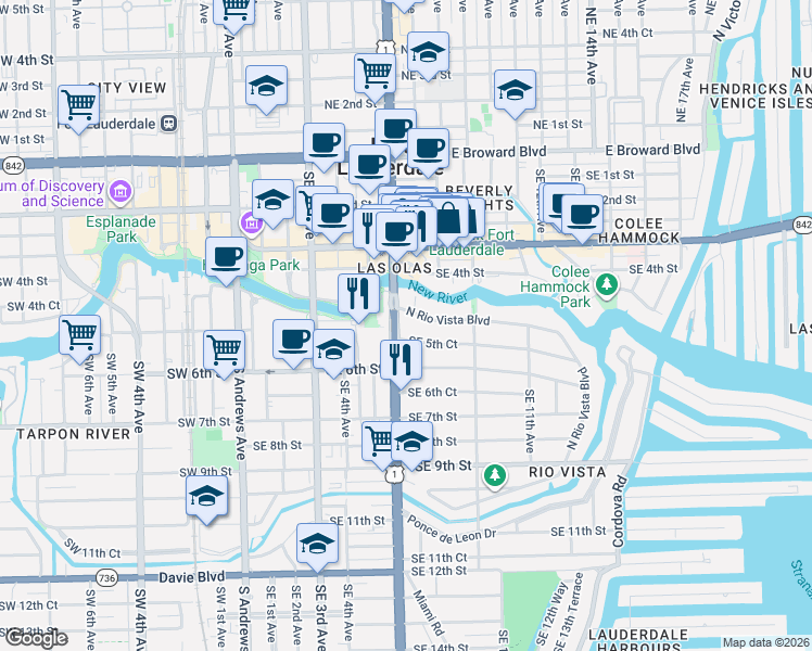 map of restaurants, bars, coffee shops, grocery stores, and more near 601 Southeast 5th Court in Fort Lauderdale