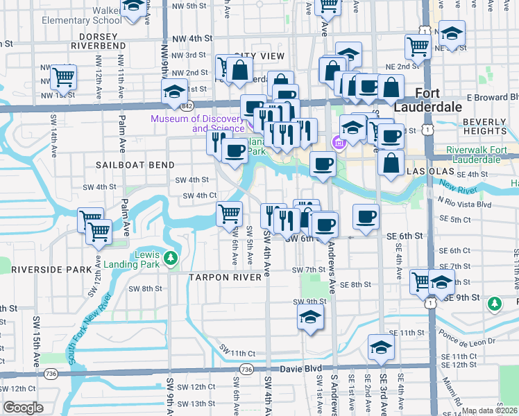 map of restaurants, bars, coffee shops, grocery stores, and more near 464 Southwest 5th Avenue in Fort Lauderdale
