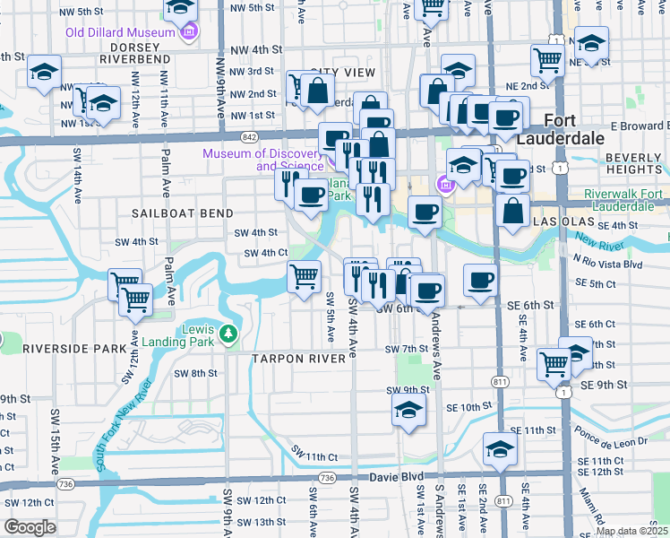 map of restaurants, bars, coffee shops, grocery stores, and more near 464 Southwest 5th Avenue in Fort Lauderdale