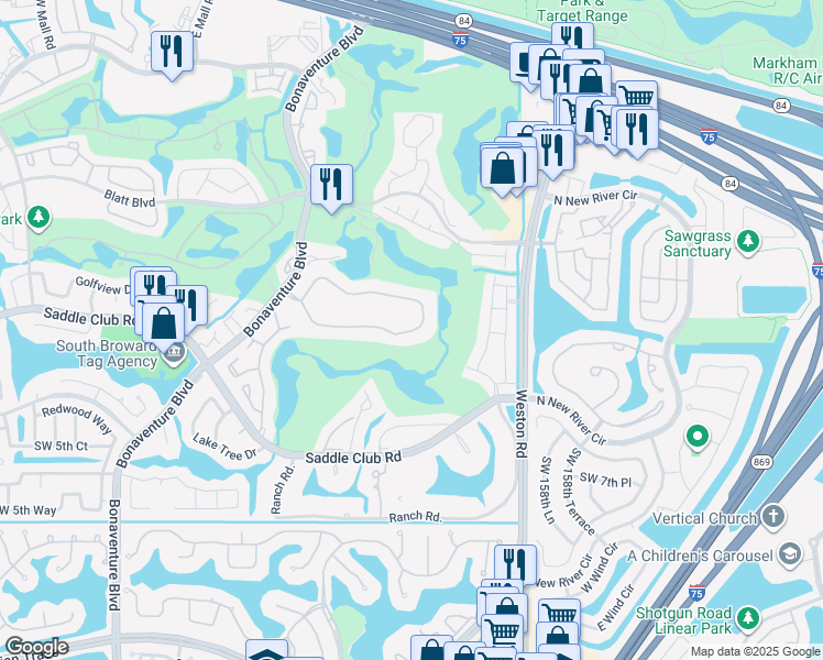 map of restaurants, bars, coffee shops, grocery stores, and more near 16200 Golf Club Road in Weston