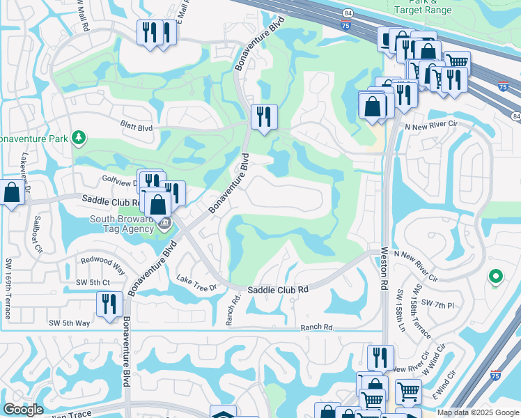 map of restaurants, bars, coffee shops, grocery stores, and more near 16400 Golf Club Road in Weston