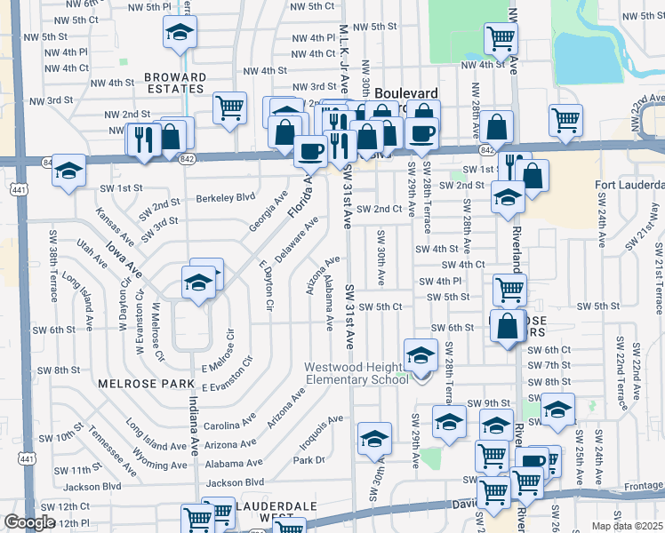 map of restaurants, bars, coffee shops, grocery stores, and more near 420 Arizona Avenue in Fort Lauderdale