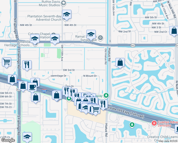 map of restaurants, bars, coffee shops, grocery stores, and more near 11440 Southwest 3rd Street in Plantation
