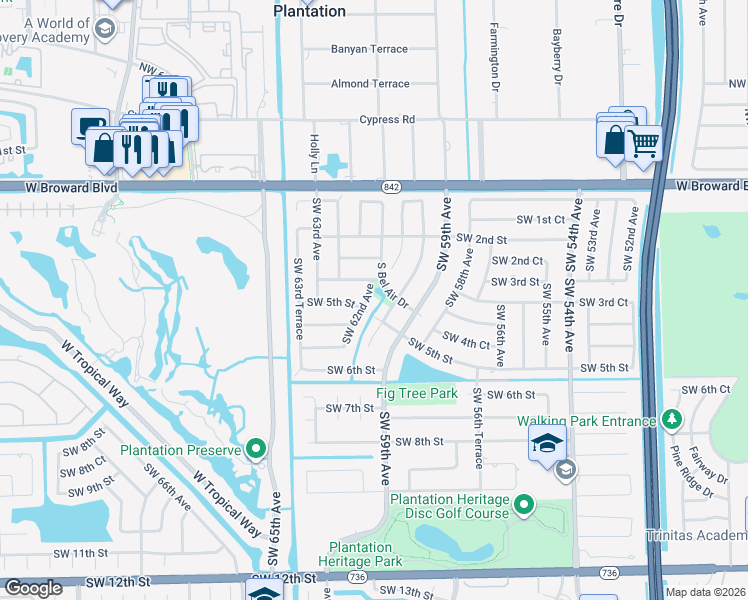 map of restaurants, bars, coffee shops, grocery stores, and more near 400 Southwest 62nd Avenue in Plantation