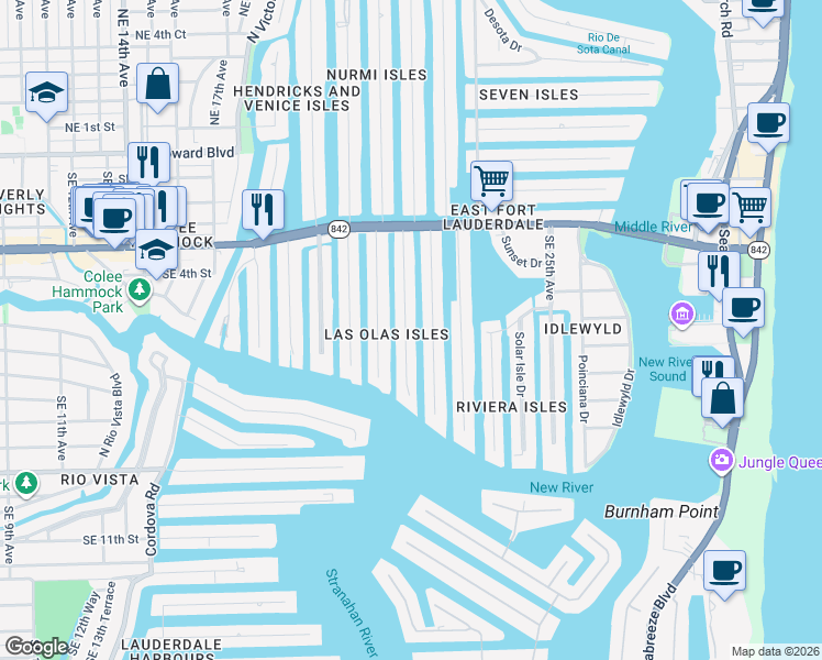 map of restaurants, bars, coffee shops, grocery stores, and more near 510 Coral Way in Fort Lauderdale