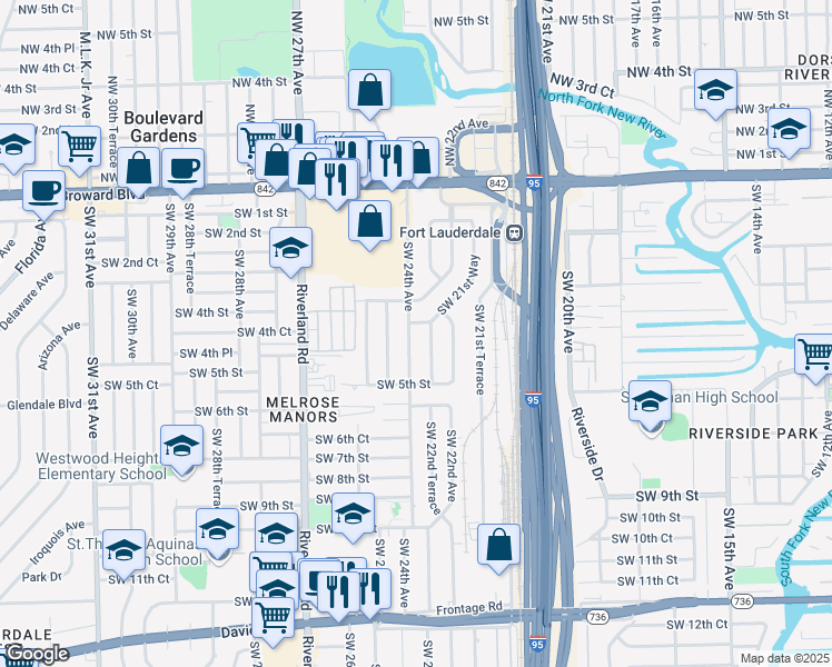 map of restaurants, bars, coffee shops, grocery stores, and more near 404 Southwest 24th Avenue in Fort Lauderdale