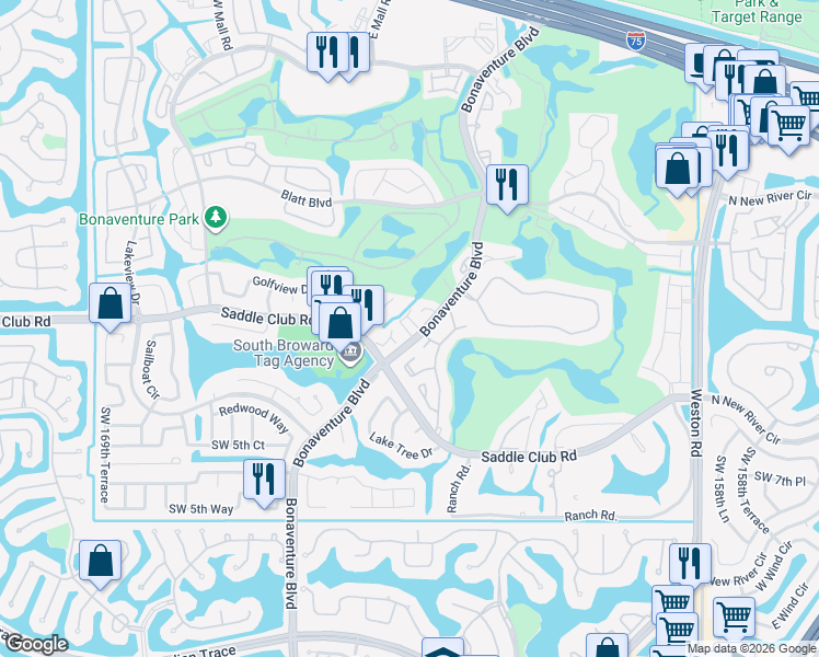 map of restaurants, bars, coffee shops, grocery stores, and more near 301 Bonaventure Boulevard in Weston