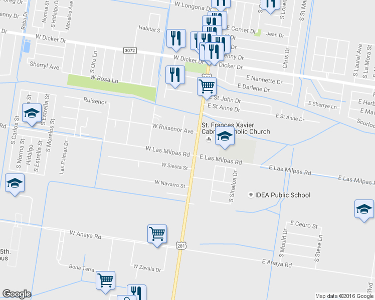 map of restaurants, bars, coffee shops, grocery stores, and more near 8022 South Cage Boulevard in Pharr