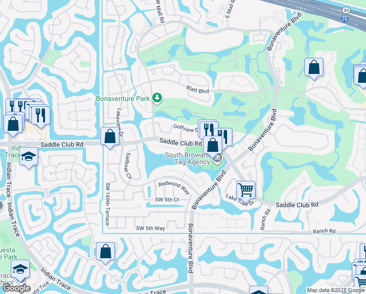 map of restaurants, bars, coffee shops, grocery stores, and more near 16701 Harbor Court in Weston