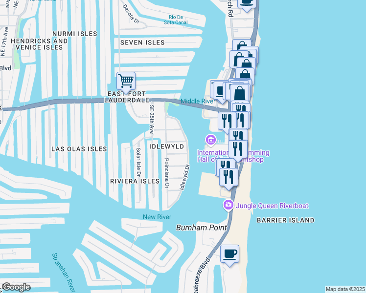 map of restaurants, bars, coffee shops, grocery stores, and more near 2624 Alamanda Court in Fort Lauderdale