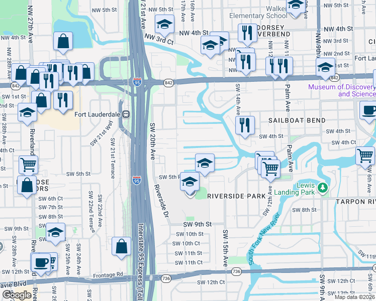 map of restaurants, bars, coffee shops, grocery stores, and more near 1717 Southwest 5th Street in Fort Lauderdale