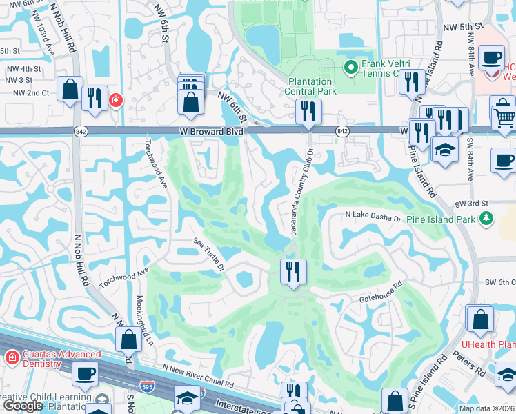 map of restaurants, bars, coffee shops, grocery stores, and more near 224 Wimbledon Lakes Drive in Plantation