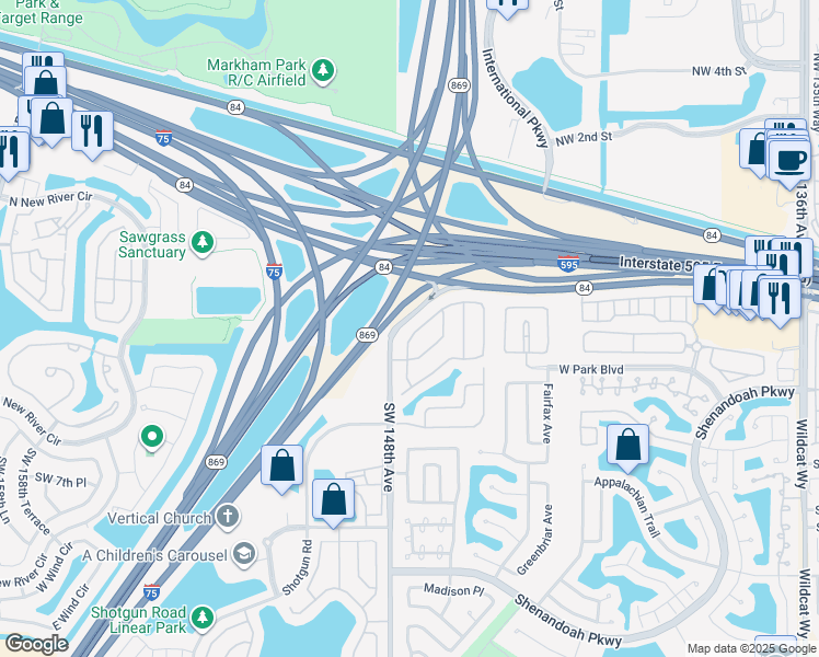 map of restaurants, bars, coffee shops, grocery stores, and more near 165 Vista Verdi Road in Davie