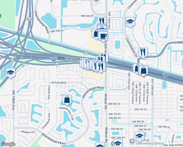 map of restaurants, bars, coffee shops, grocery stores, and more near 13700 Florida 84 in Davie
