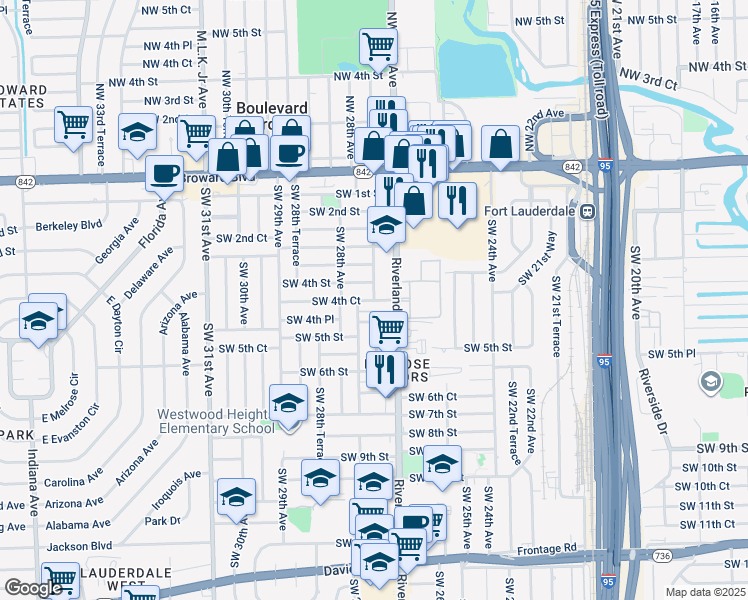 map of restaurants, bars, coffee shops, grocery stores, and more near 2720 Southwest 4th Court in Fort Lauderdale