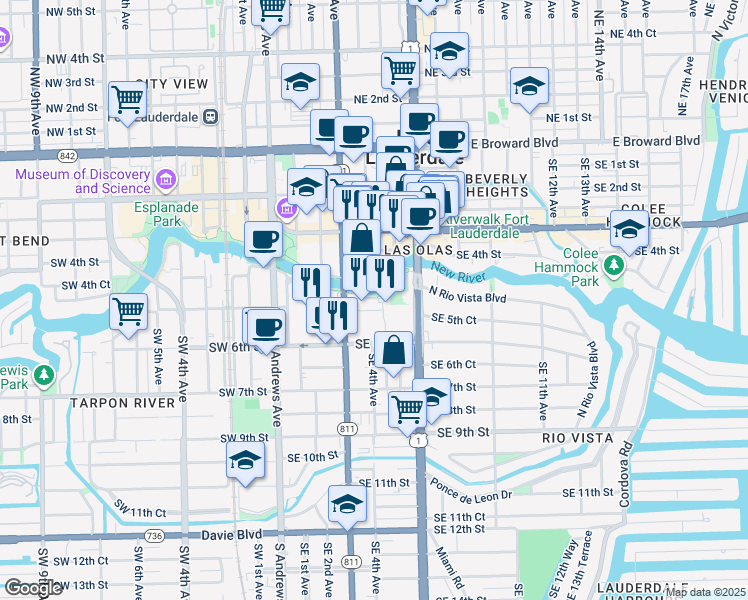 map of restaurants, bars, coffee shops, grocery stores, and more near 511 Southeast 5th Avenue in Fort Lauderdale