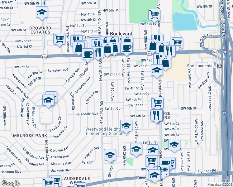 map of restaurants, bars, coffee shops, grocery stores, and more near 411 Southwest 29th Terrace in Fort Lauderdale