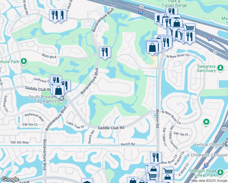 map of restaurants, bars, coffee shops, grocery stores, and more near 16300 Golf Club Road in Weston