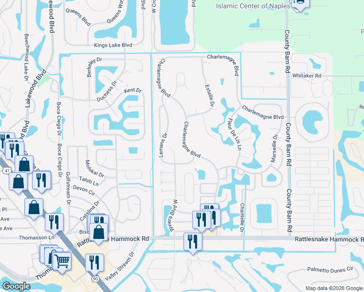 map of restaurants, bars, coffee shops, grocery stores, and more near 541 Charlemagne Boulevard in Naples