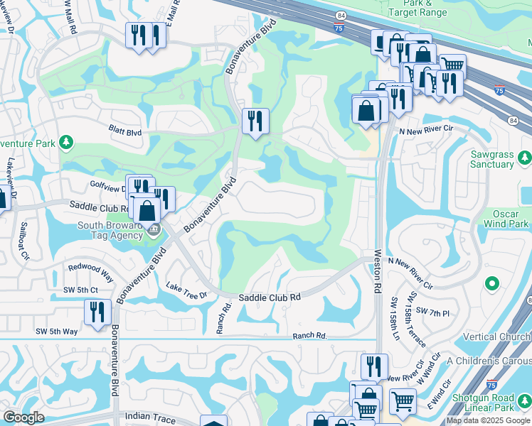 map of restaurants, bars, coffee shops, grocery stores, and more near 16400 Golf Club Road in Weston