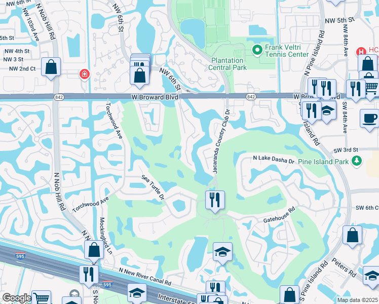 map of restaurants, bars, coffee shops, grocery stores, and more near 224 Wimbledon Lakes Drive in Plantation