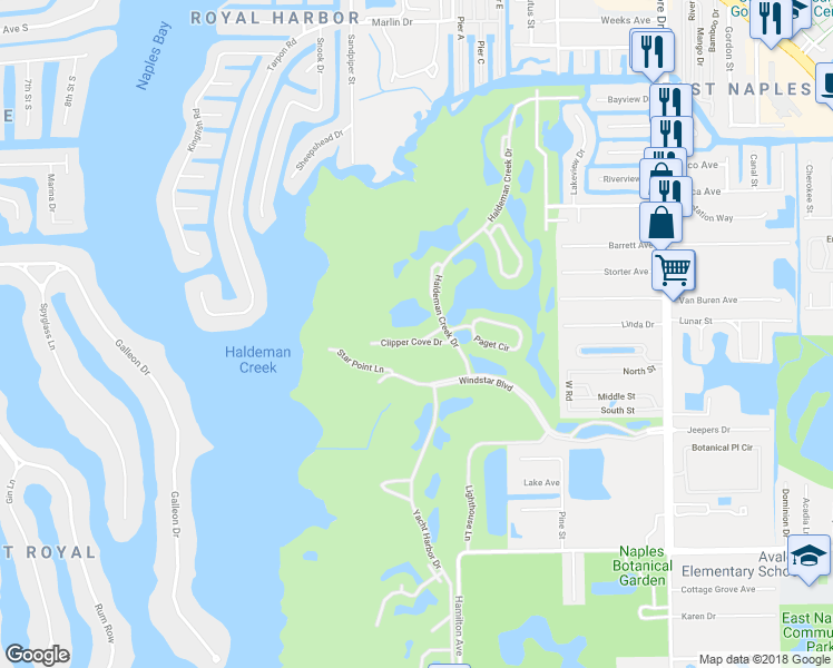 map of restaurants, bars, coffee shops, grocery stores, and more near 3839 Clipper Lane in Naples