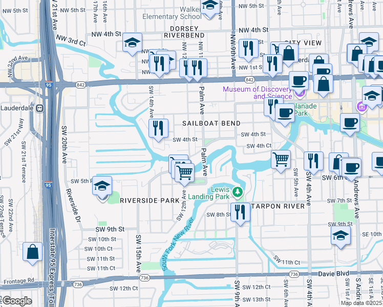 map of restaurants, bars, coffee shops, grocery stores, and more near 1125 Waverly Road in Fort Lauderdale