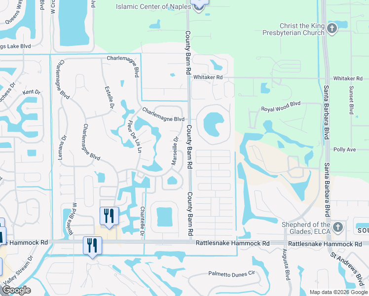 map of restaurants, bars, coffee shops, grocery stores, and more near 108 Bordeaux Circle in Naples