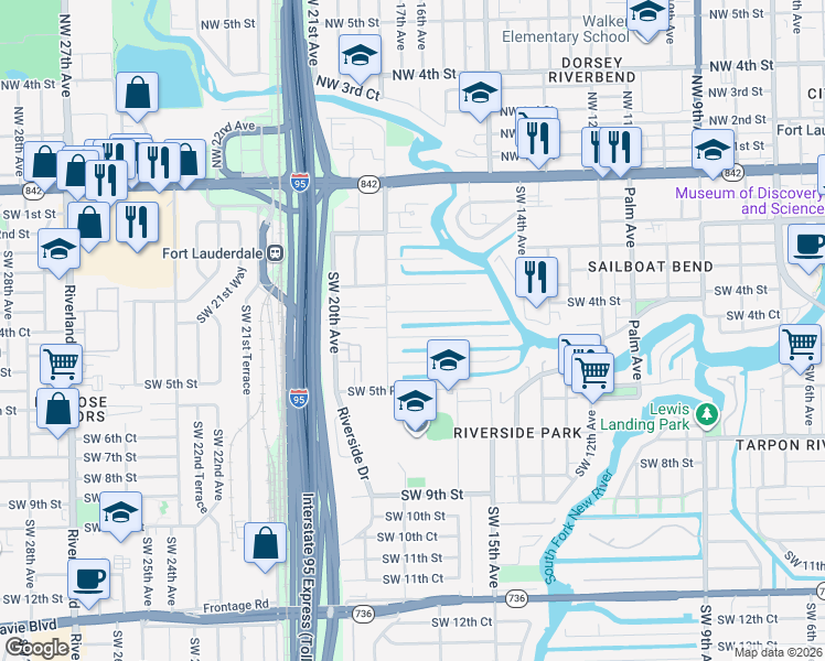map of restaurants, bars, coffee shops, grocery stores, and more near 1717 Southwest 5th Street in Fort Lauderdale