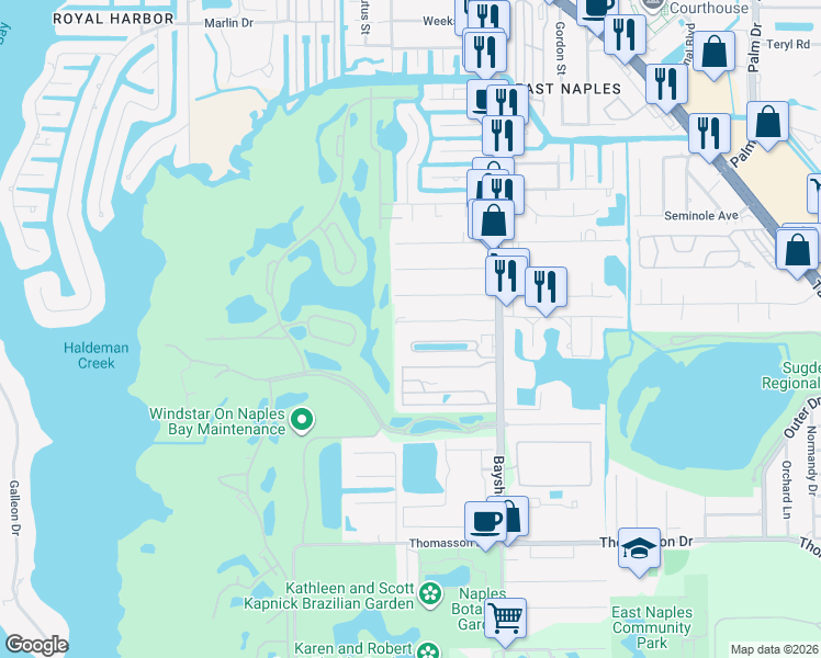 map of restaurants, bars, coffee shops, grocery stores, and more near 2532 Linda Drive in Naples