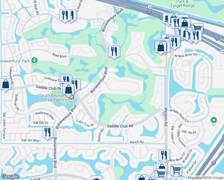 map of restaurants, bars, coffee shops, grocery stores, and more near 16400 Golf Club Road in Weston