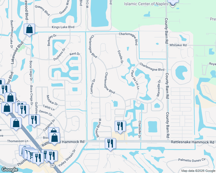 map of restaurants, bars, coffee shops, grocery stores, and more near 541 Charlemagne Boulevard in Naples