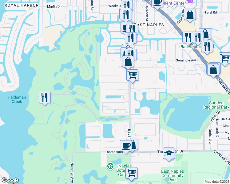 map of restaurants, bars, coffee shops, grocery stores, and more near 2700 Linda Drive in Naples