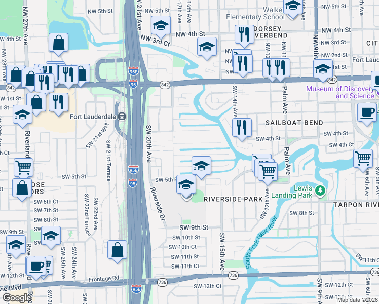 map of restaurants, bars, coffee shops, grocery stores, and more near 1717 Southwest 5th Street in Fort Lauderdale