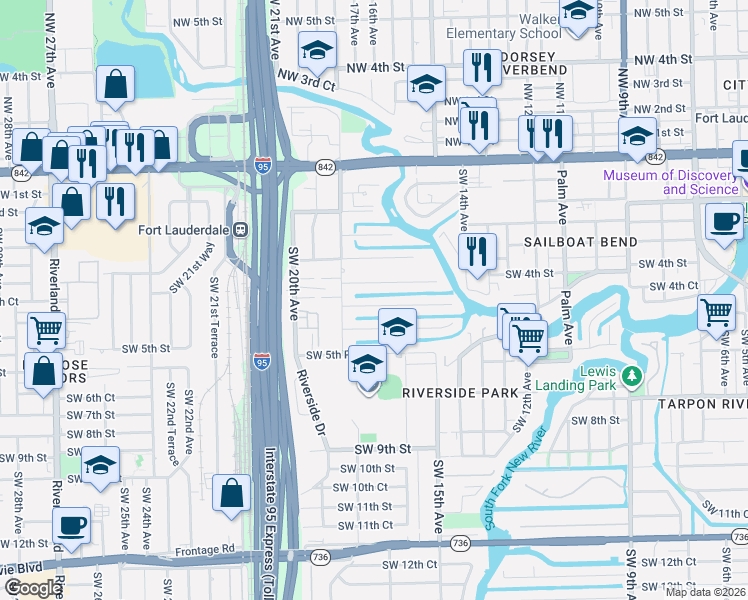 map of restaurants, bars, coffee shops, grocery stores, and more near 1717 Southwest 5th Street in Fort Lauderdale