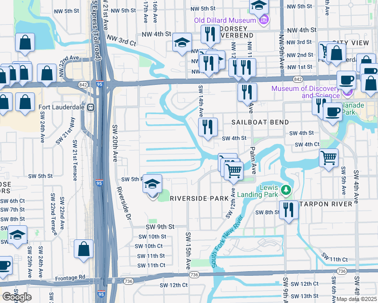 map of restaurants, bars, coffee shops, grocery stores, and more near 1513 Southwest 5th Street in Fort Lauderdale
